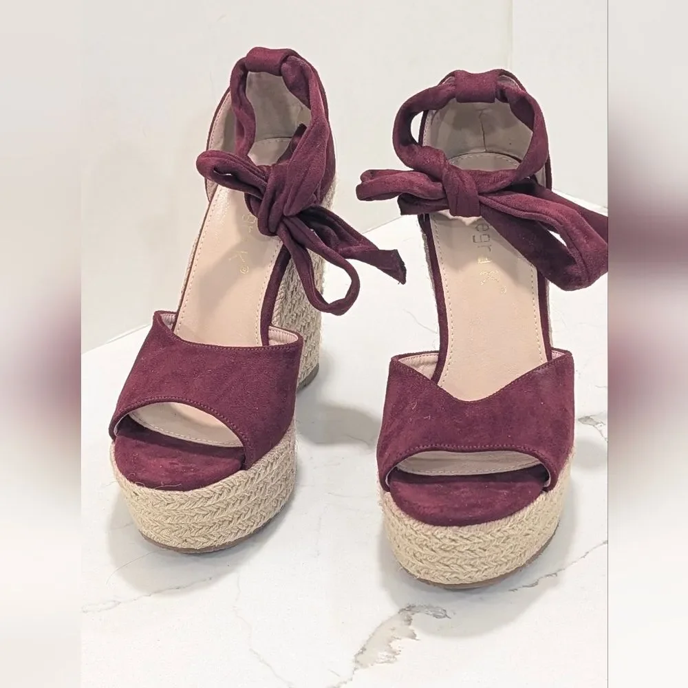 Alegra K High Heel Espadrilles Platform Strapy Tie Burgundy Suede Shoe Wedge 8.5